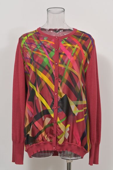 Escada Twin Set Crew Neck Cardigan in Abstract Printed Red Wool - Picture 1 of 6